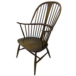 Ercol - 'Windsor' elm and beech high back chair, double hoop and stick back with shaped splat, on splayed turned supports with H stretchers