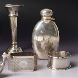 Small silver hip flask engraved with initials H9cm Sheffield 1988 Maker Hugh Crawshaw, silver pepper mill Sheffield 1975, globe scent flask with silver cover, four silver serviette rings, small silver vase and Norwegian silver salt