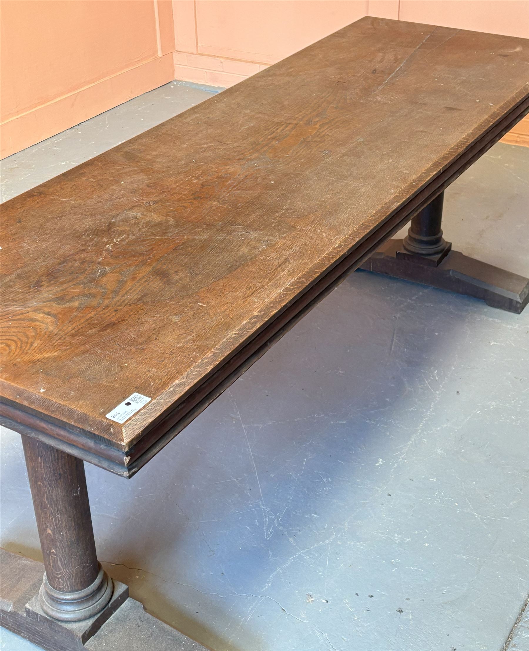 Late 19th century oak refectory table, the rectangular top with chamfered edge above a moulded frieze, raised on columnar supports above splayed base. H81cm, 213cm x 72cm.  - COLLECTION BY APPOINTMENT FROM: The White House, Thirsk Road, Easingwold, York, YO61 3NF - CALL 01723 507111 TO ARRANGE
