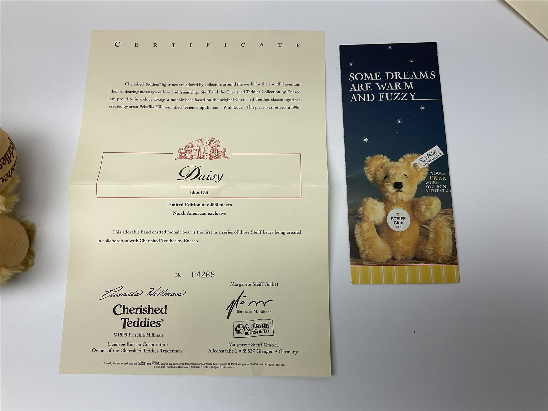 Two modern Steiff limited edition teddy bears - Prince William's 21st Birthday Bear with growler mechanism No.58/1500 H35cm; and Cherished Teddies Collection Daisy No.4269/5000 H33cm; both boxed with certificates (2)