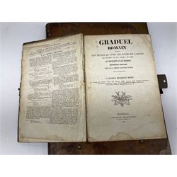 Six 19th century leather bound books of music comprising Graduale Juxta Missale Romanum and Antiphonarium Romanum. Both 1828 Divione; Graduel Romain and Psautier Romain. Both 1859 Digne/Paris; Graduel Romain. 1872 Marseille; and Missale Romanum. 1853 Mechliniae (6)