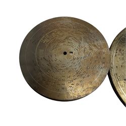 Late 19th century Symphonion disc musical box in inlaid walnut case with front lever action playing 25.5cm discs on a 10.5cm steel comb with forty-nine teeth, musical scene of cherubs under the lid, L33cm; together with five 25.5cm discs, fifteen 20.5cm discs and eleven 19cm discs