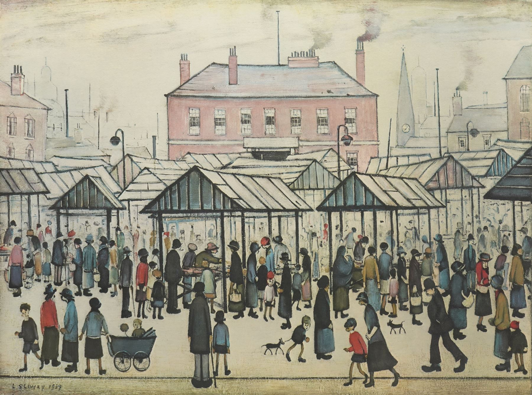 Laurence Stephen Lowry RBA RA (Northern British 1887-1976): 'Market Scene in a Northern Town', limited edition print in colours signed in pencil, from the edition of 750, pub. by Patrick Seale Prints 1973, 46cm x 61cm