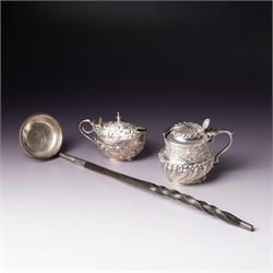 Victorian Scottish silver toddy ladle, the bowl inset with a Victorian shilling coin and w...