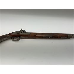 19th century continental 20-bore single barrel percussion musket with 85.5cm barrel inscribed K.D.L.No.1855, raised rib and full length ramrod pipe with original ramrod, engraving to lock and rear end of barrel, stained ash half length cheek stock with inset hinged compartment for ball/cap, chequered pistol grip and fore-end and two swivel sling hooks, L127cm overall