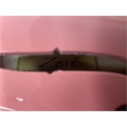 Zest full size pink violin, with a solid wood body and maple head, with matching pink bow and two further bows, in a hard case Length 60cm