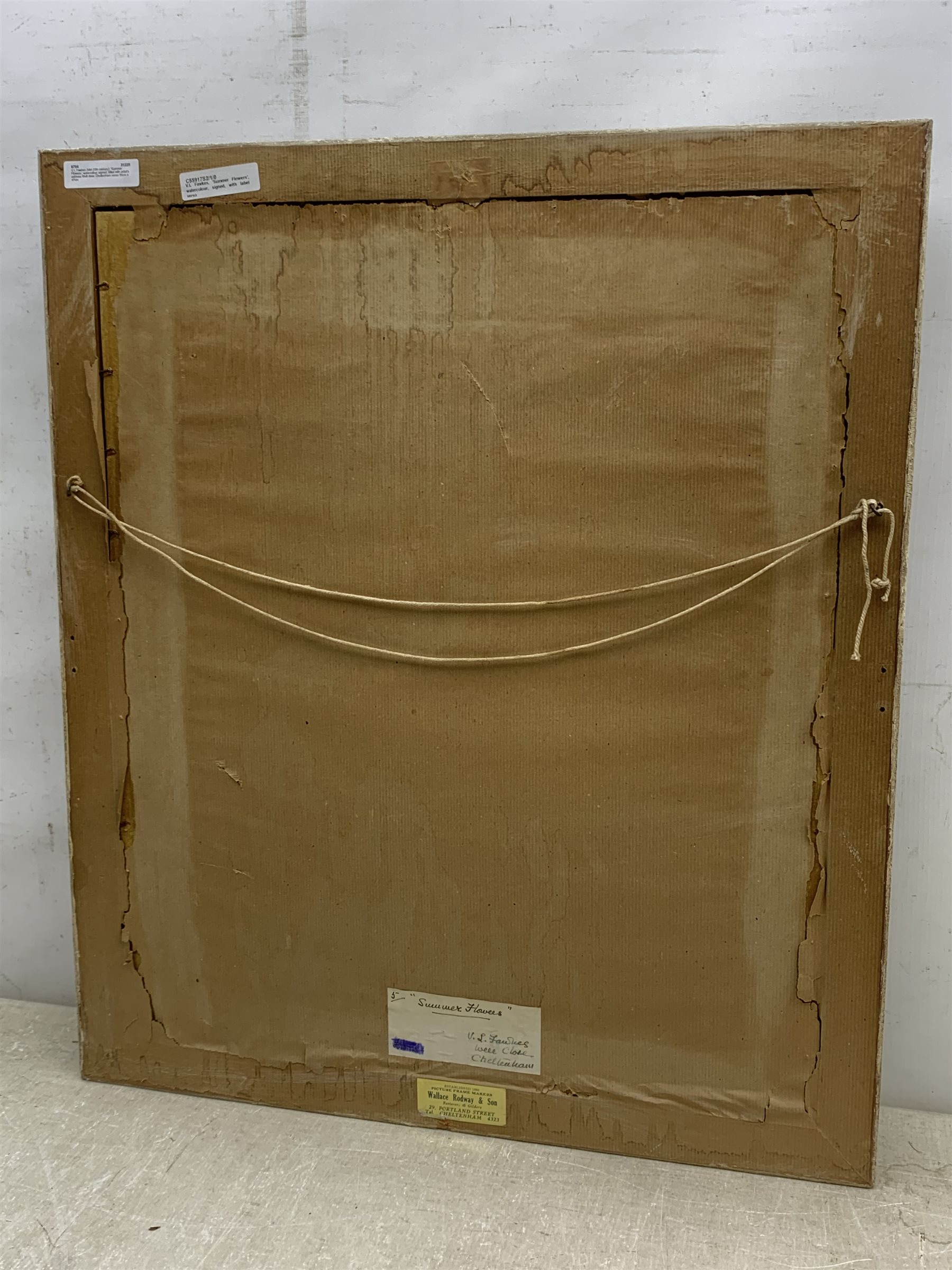 V L Fawkes (Mid 20th century): 'Summer Flowers', watercolour signed, titled with artist's address Well close Cheltenham verso 56cm x 47cm