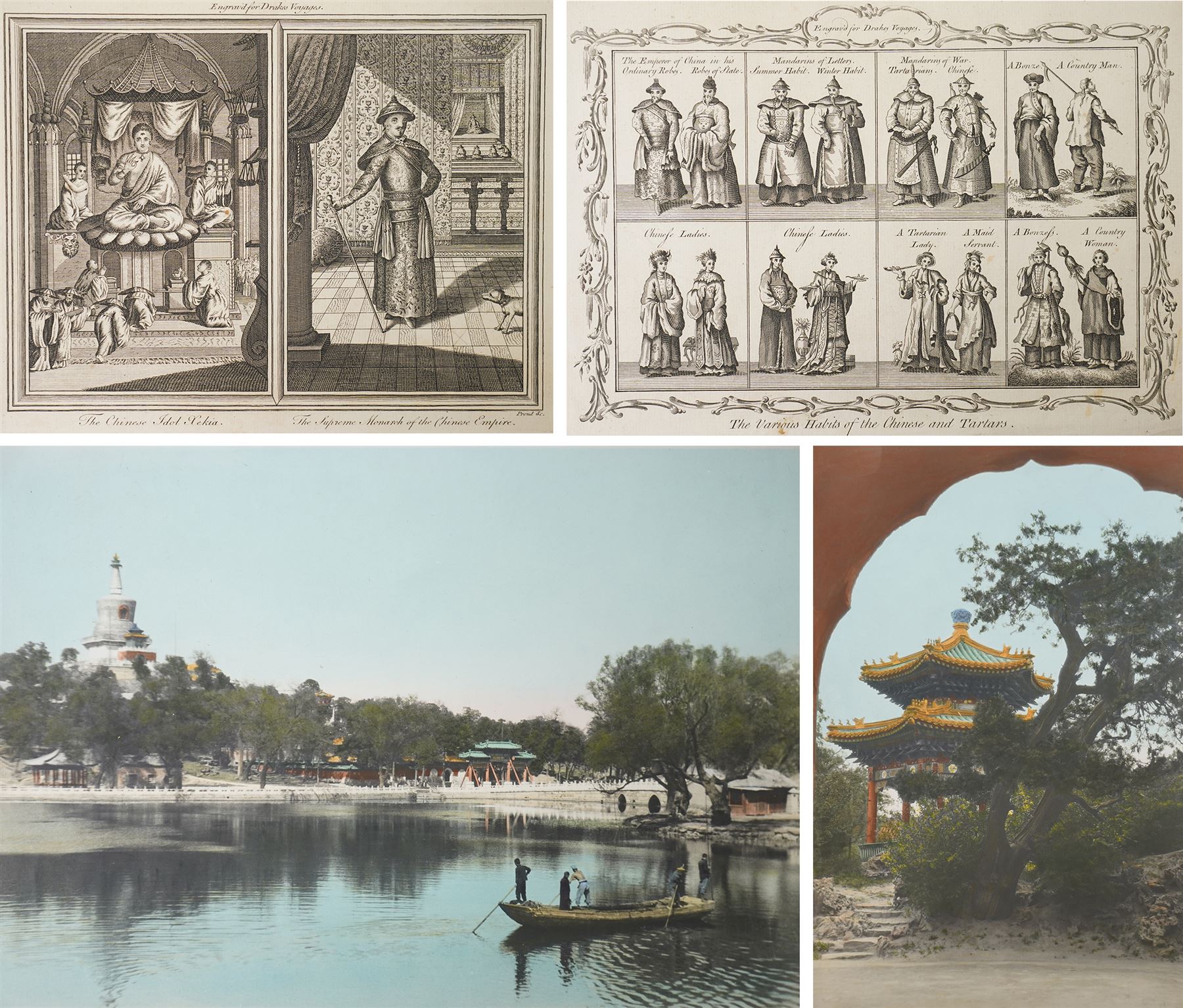 Pair of 19th century Chinese engravings 'The Various Habits of the Chinese and Tartars' 'The Chinese Idol Xekia' and 'The Supreme Monarch of the Chinese Empire', engraved for Drakes Voyages; together with two early 20th century coloured photographs of Peking and The Winter Palace 22cm x 31cm (4) (unframed)