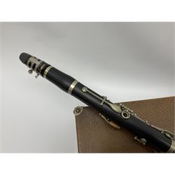Buffet Crampon Paris African blackwood four-piece clarinet with nickel fittings, impressed 'BCPB 1937', multiple stamps for 'Macdonough & Son Sole Agent London' L67cm; in rexine covered case with two unused reeds. Biographical information: The Macdonagh family have links with the Royal Philharmonic Orchestra and are also reputedly linked with Thomas Macdonagh who was involved in the 1916 Irish uprising.