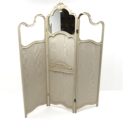  French style three fold dressing screen, shell carved cresting rail above single central mirror, flanked by two bevel edged glazed sections, W149cm, H183cm  