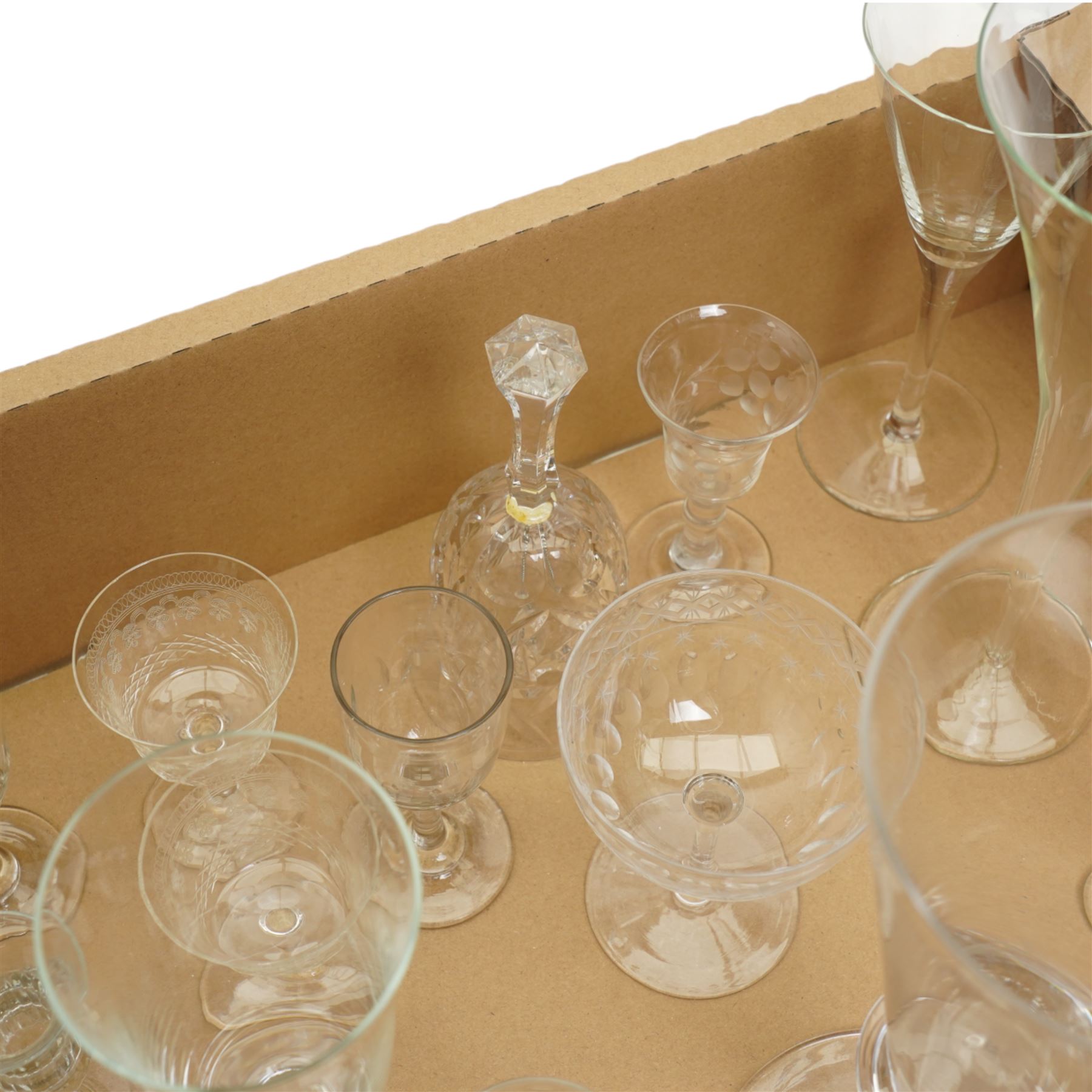 Collection of mixed antique glassware, including various etched examples, in one box