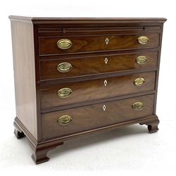 Georgian mahogany bachelors chest, rectangular moulded top over leather inset slide and four long graduating drawers, the drawers fitted with ivory lozenge escutcheons and oval brass plate handles, on ogee bracket feet