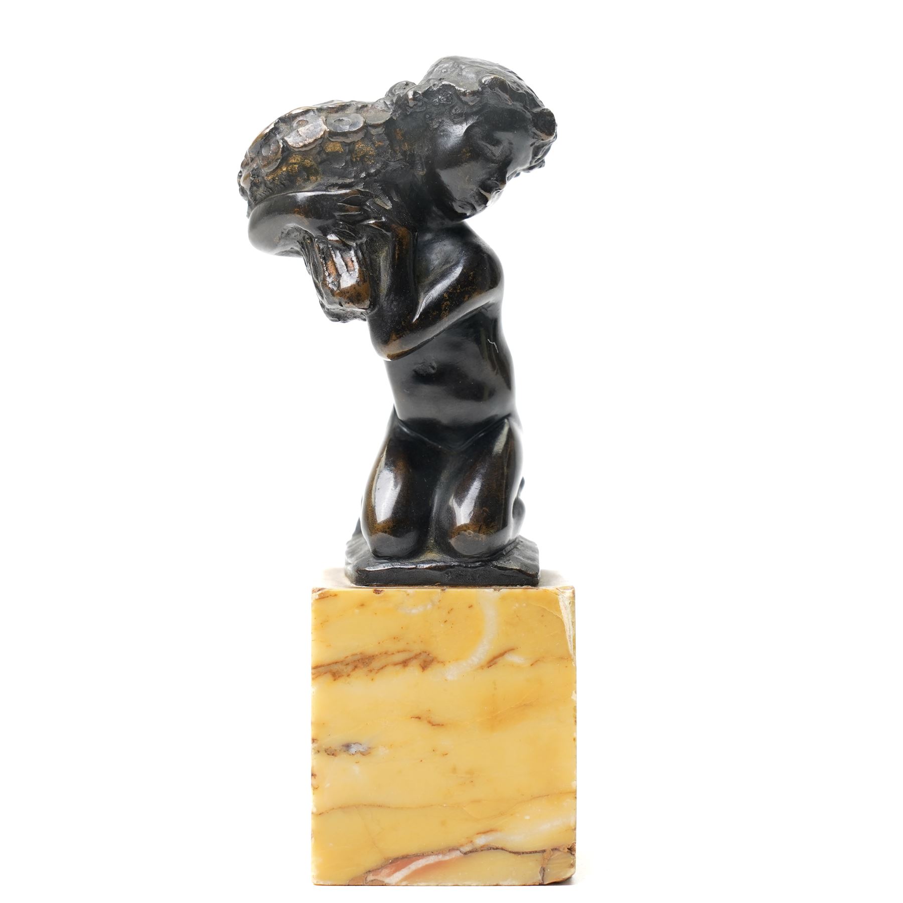 19th century Grand Tour small patinated bronze modelled as a young boy kneeling and holding a fleece over his shoulder, inscribed with monogram TC, on rectangular Sienna marble plinth, H13cm