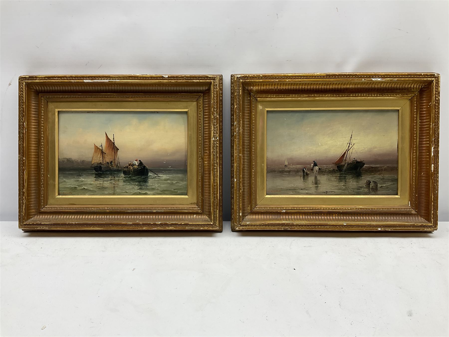 Sarah Louisa Kilpack (British 1839-1909): Fishing Boats on the Shoreline and at Sea, pair oils on artist's board signed 14cm x 22cm (2)