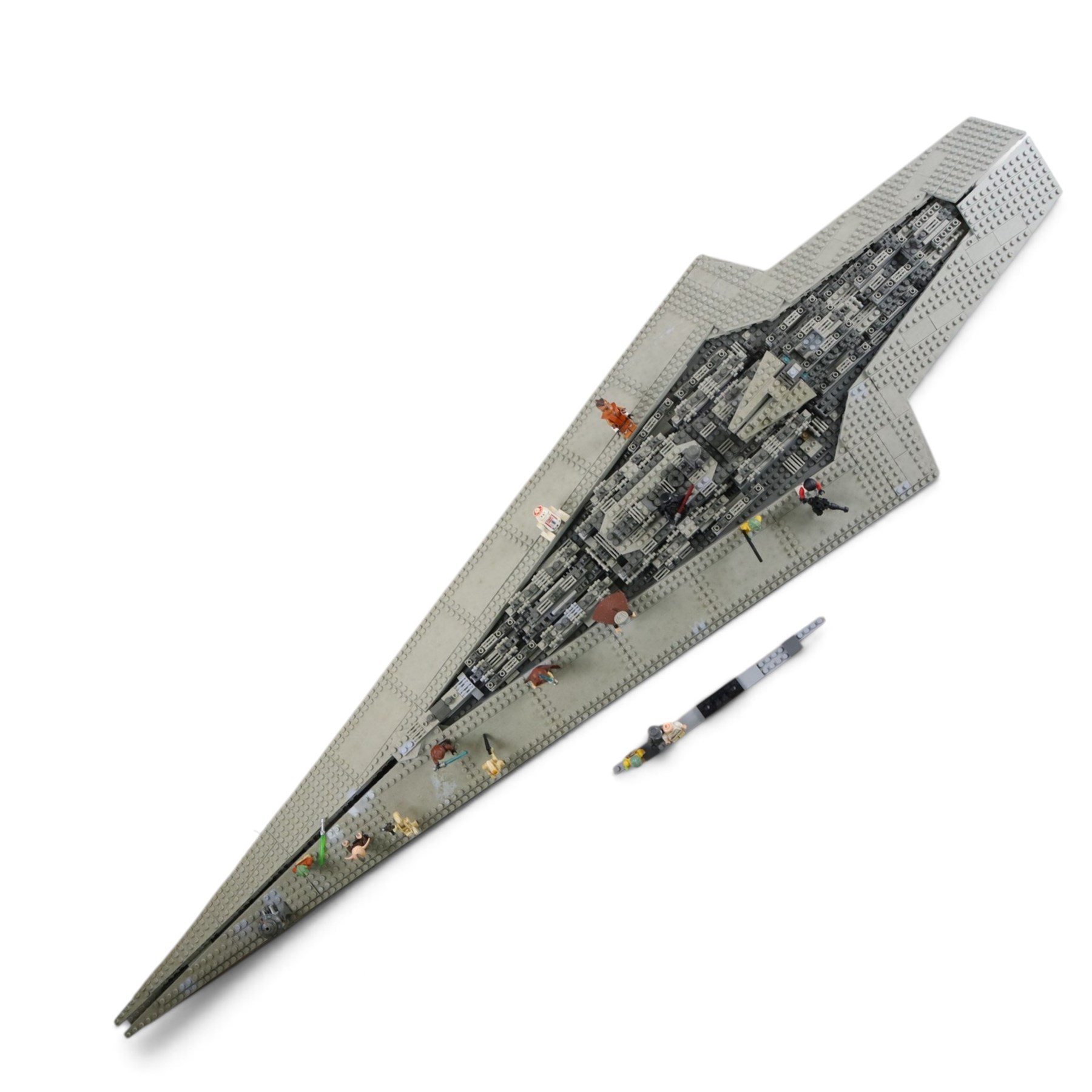 Three Lepin Star Wnrs built models, comprising Red Five X-Wing Starfighter no. 05039, Millennium Falcon no. 05132 and Super Star Destroyer no. 05028