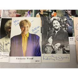 1949 England cricket team signatures including Hutton, Compton, Edrich, Laker etc on loose album page; and large quantity of other autographs of predominantly TV Soap Opera stars from Last of the Summer Wine, Eastenders, Emmerdale, Coronation Street, Heartbeat etc and other TV/Film personalities; on promotional photographs and clipped fragments of paper etc