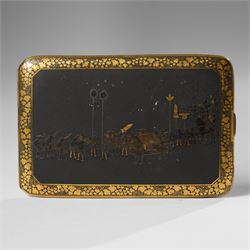 Japanese Meiji Damascene cigarette case, the exterior decorated with the procession of a f...
