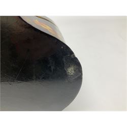 Victorian papier-mâché stationary box, of rounded wedge form with mother of pearl escutcheon, the hinged and curved cover and sides hand painted with floral sprays, opening to reveal a lined and fitted interior, H15cm L22cm D16cm