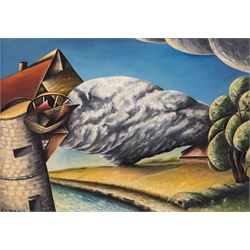 S E Barber (British Mid-20th Century): Surreal 'Landscape Fantasy', oil on board signed, t...