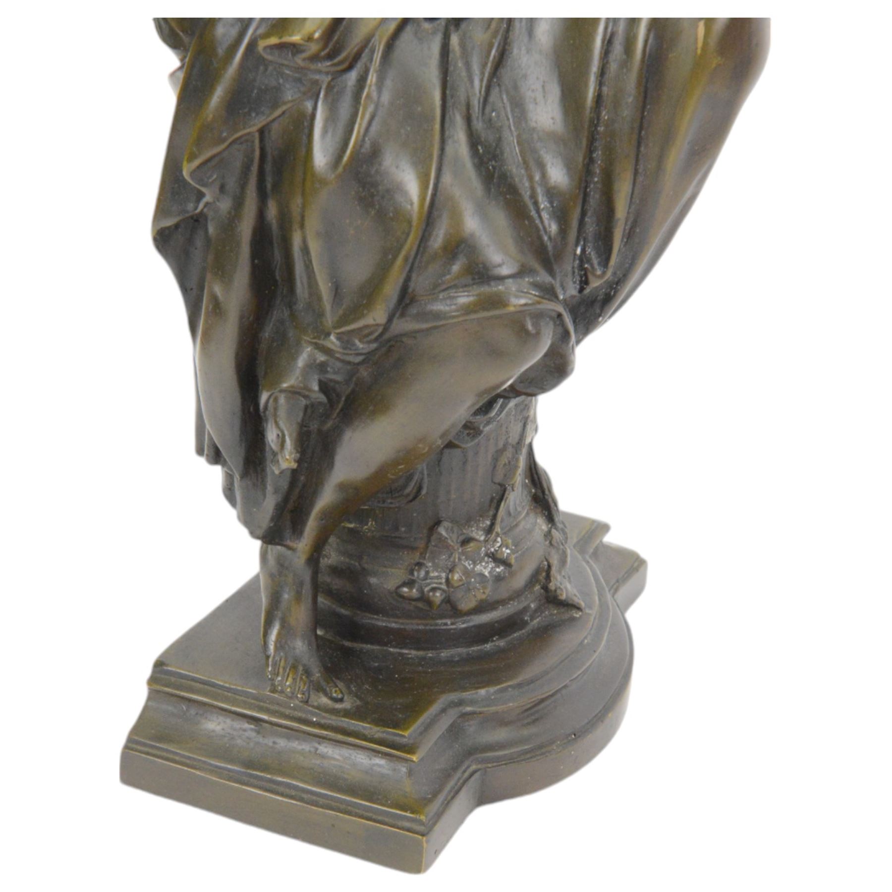 After Joseph Charles De Blezer, bronze figure modelled as a woman in neoclassical dress seated upon a column, H45cm