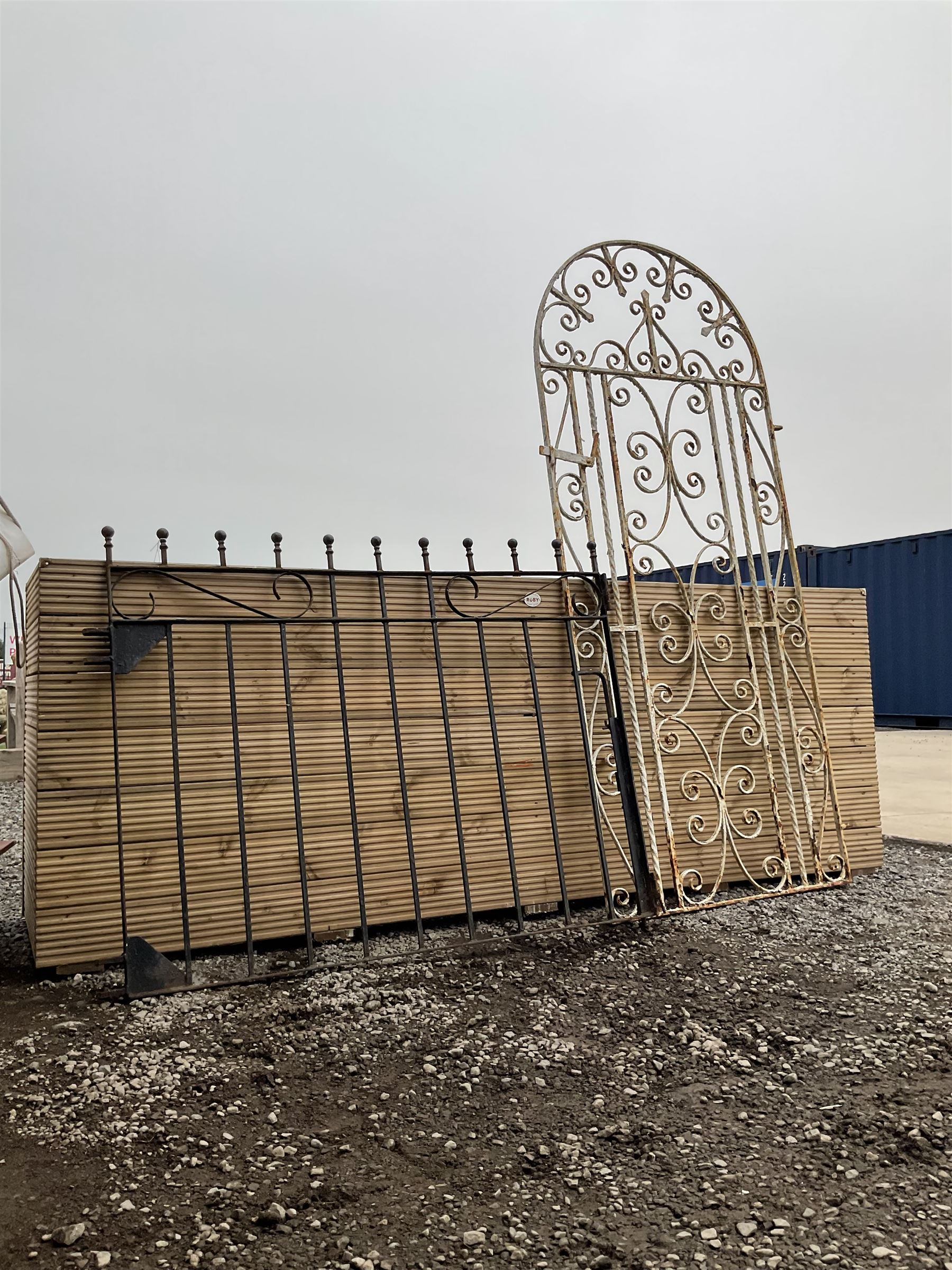 Two wrought iron garden gates painted in black and white - THIS LOT IS TO BE COLLECTED BY APPOINTMENT FROM DUGGLEBY STORAGE, GREAT HILL, EASTFIELD, SCARBOROUGH, YO11 3TX