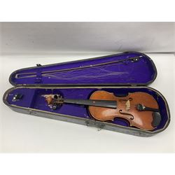 Early 20th century German Saxony three-quarter size violin with 34cm one-piece maple back and ribs and spruce top L55.5cm overall; in ebonised wooden 'coffin' case with bow