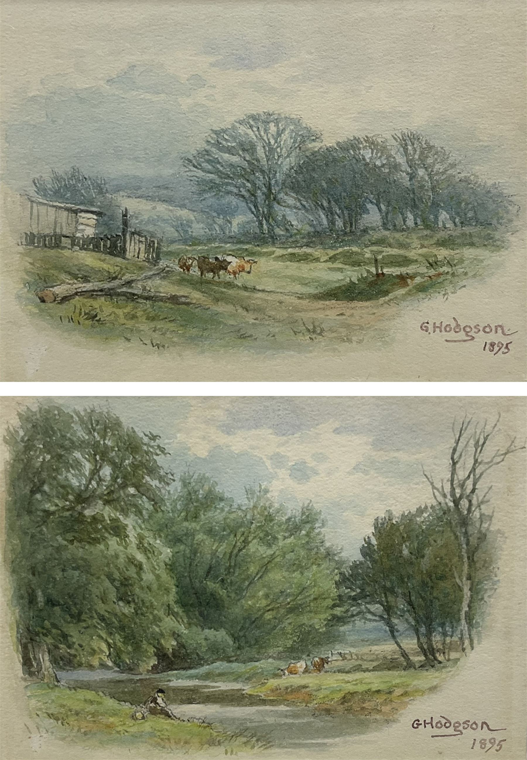 George Hodgson (British 1847-1921): Cattle by a Stream, pair watercolours signed and dated 1895, 8cm x 11cm (2) 
Notes: born in Nottingham, Hodgson lived in Grange-over-Sands and was a member of the Nottingham Society of Artists, acting as Vice-President 1908-1917. He exhibited many works at the Nottingham Castle Museum, the Royal Academy, Royal Birmingham Society of Artists, and Royal Society of British Artists.