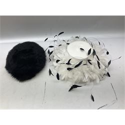 Collection of ladies hats to include boxed Jaeger occasion hat, Frederick Fox of London hat, ribbon band  and feathered decoration examples etc, many with boxes (11)