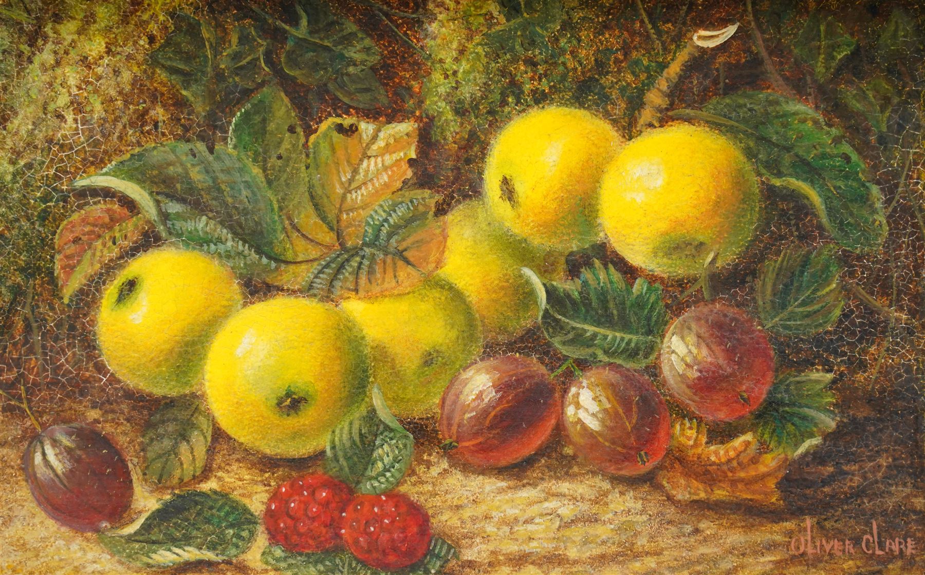 Oliver Clare (British 1853-1927): Still Life of Apples and Plums, oil on wood panel signed 14cm x 22cm