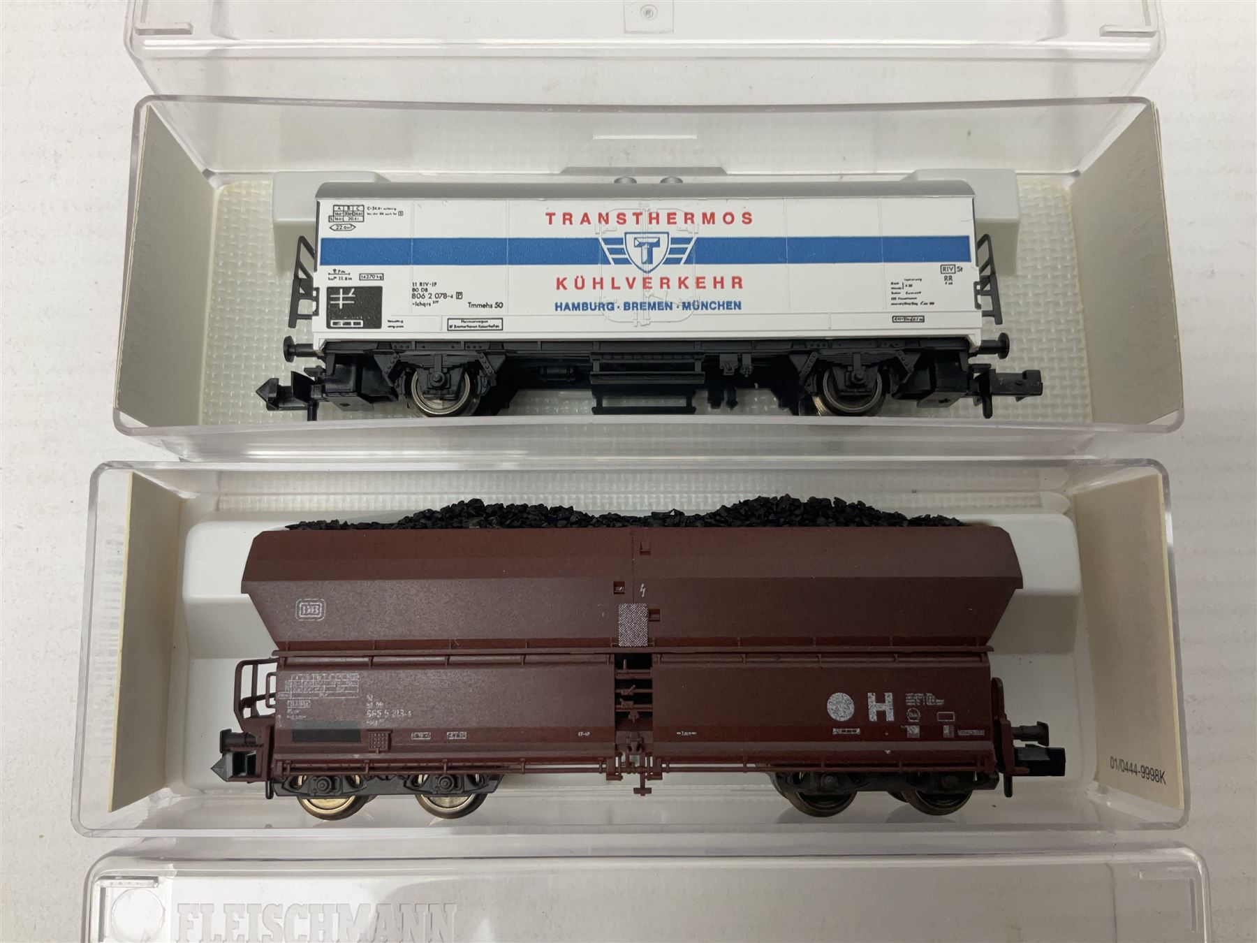 Fleischmann 'N' gauge - thirteen goods wagons Nos.8202K, 8207, 8230, 8234, 8282, 8320, 8327K, 8330, 8343K, 8517K, 868523K, 852402K & 852403K; all boxed (13)