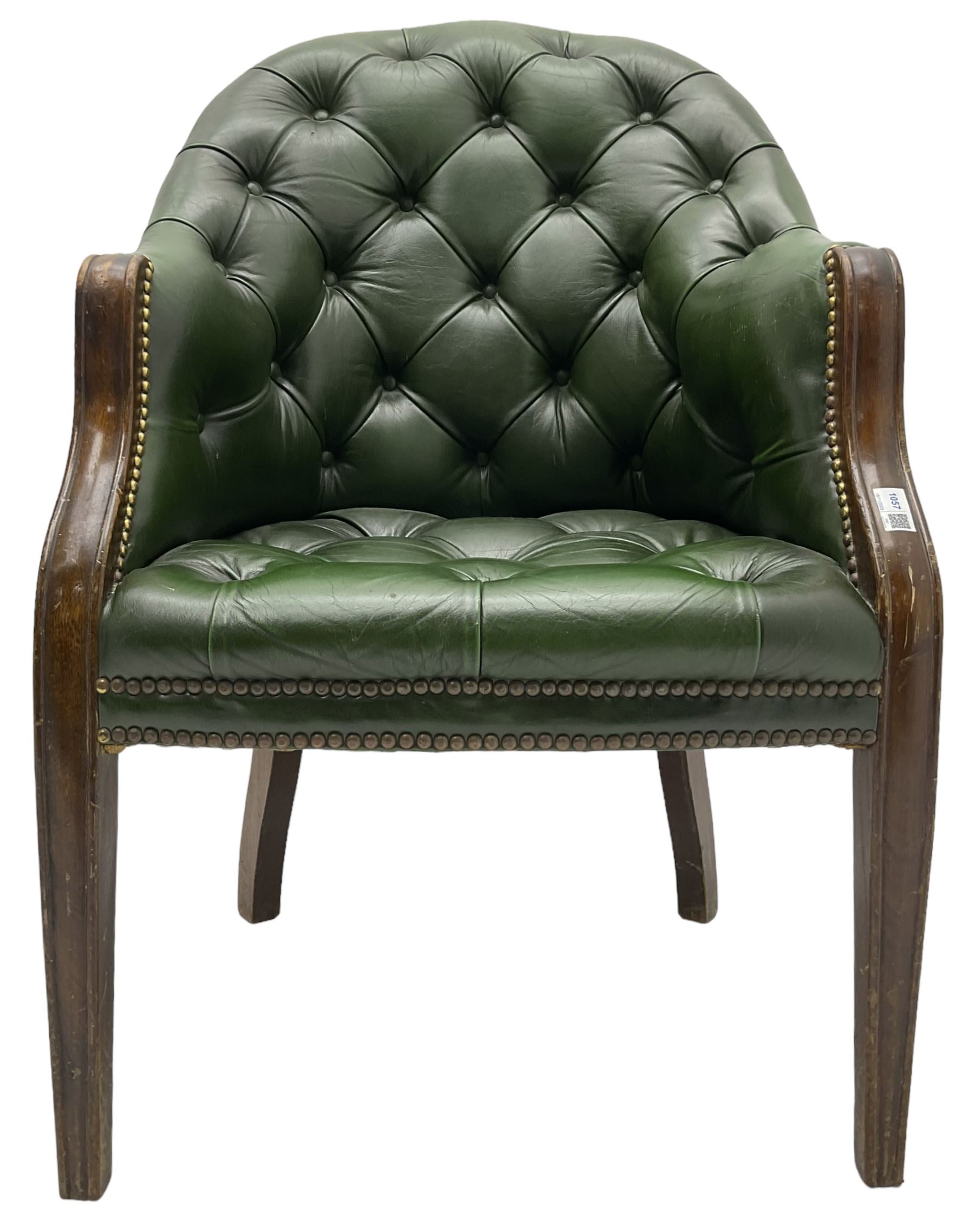 19th century design mahogany framed chesterfield library chair, upholstered in buttoned green leather with studwork, on square tapering supports