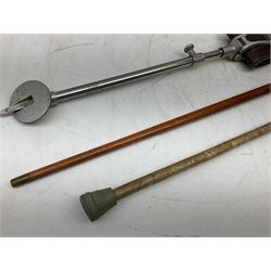 Adjustable shooting stick, together with walking stick with a brass horse head handle and another example with a horn handle, largest example H92cm