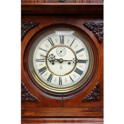  Large Victorian walnut wall clock with aneroid barometer and thermometer, cream Roman dial with subsidiary seconds, figured panel doors with half column detail, twin train Gustav Becker movement striking the hours on a coil, H117cm, W50cm, 20cm  