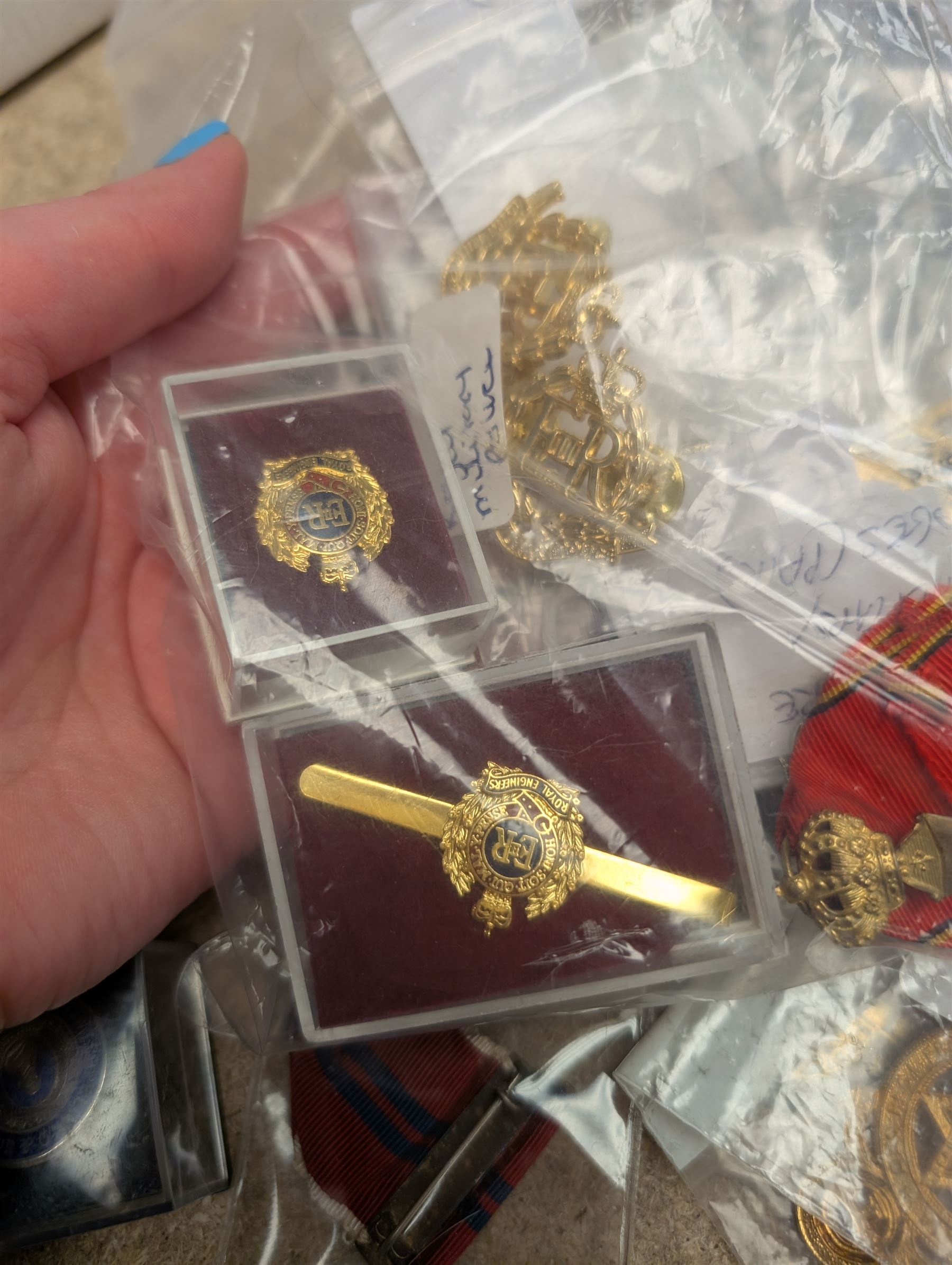 Collection of Masonic jewels, including silver example, together with military pin badges, two silver necklaces and other collectables