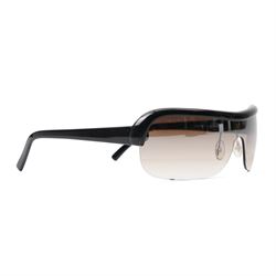 Prada - half-rim shield-style sunglasses in black acetate, with graduated smoke lenses and silver-tone PRADA lettering to the temples, in original hard case