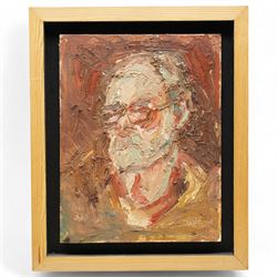 Barry De More (Yorkshire 1948-2023): 'Self Portrait with Glasses', oil and impasto on board signed and titled, inscribed and dated 2010 verso 35cm x 27cm
Notes: Acclaimed as one of the North's greatest expressionist artists, Barry De More (1948-2023) used a heavy impasto style to transfer his love of Yorkshire landscapes, townscapes and people to canvas. His work sits comfortably in the company of work by Kossoff and Auerbach, selling to collectors in the UK and overseas. De More's work can be found in the permanent collection of work by Northern Artists at Dean Clough, one of the UK's largest contemporary art galleries.