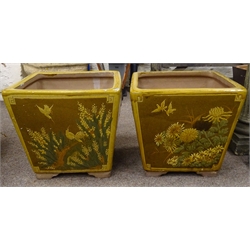  Pair 20th century large Chinese terracotta planters, square tapering form, decorated with traditional Oriental birds and flowers, 52cm x 52cm, H47cm  