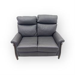 Rogers of York - two seat sofa, upholstered in grey leather with padded back and seat cushions, raised on stained beech supports