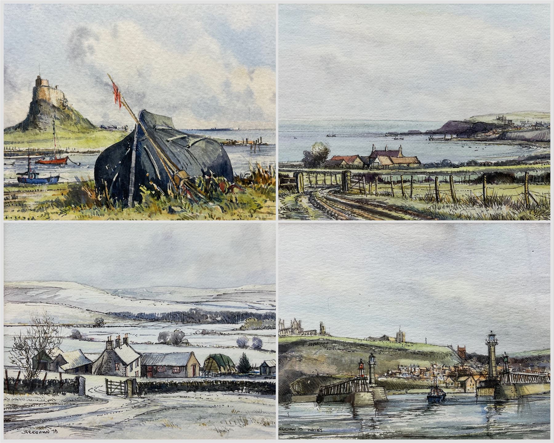 John Freeman (British 1942-): 'Whitby Harbour' 'Holy Island' Snow Scene and View Over Whitby, set of four watercolours signed and dated '75 through '79, variously titled verso 9cm x 13cm (4)