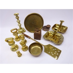  Four W&T Avery brass bell weights: two 4lb & two 2lb, Victorian cast iron weights, two early 19th century brass chamber sticks and other metal ware   