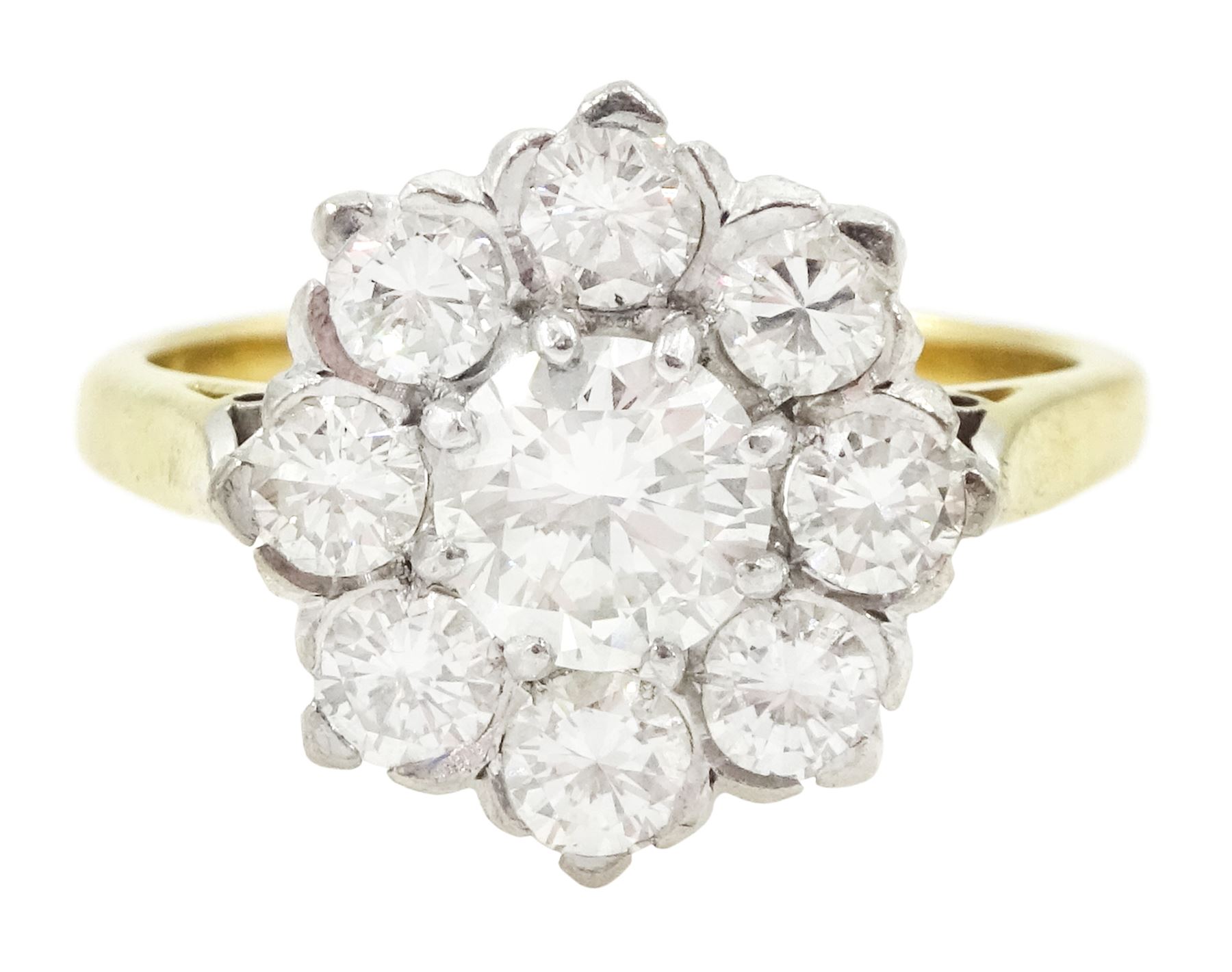Gold nine stone transitional cut diamond daisy flower head cluster ring, stamped 18ct & Plat, principal diamond approx 0.70 carat, total diamond weight approx 1.90 carat