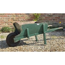 Vintage green painted oak wheel barrow. L160cm - COLLECTION BY APPOINTMENT FROM: The White House, Thirsk Road, Easingwold, York, YO61 3NF - CALL 01723 507111 TO ARRANGE