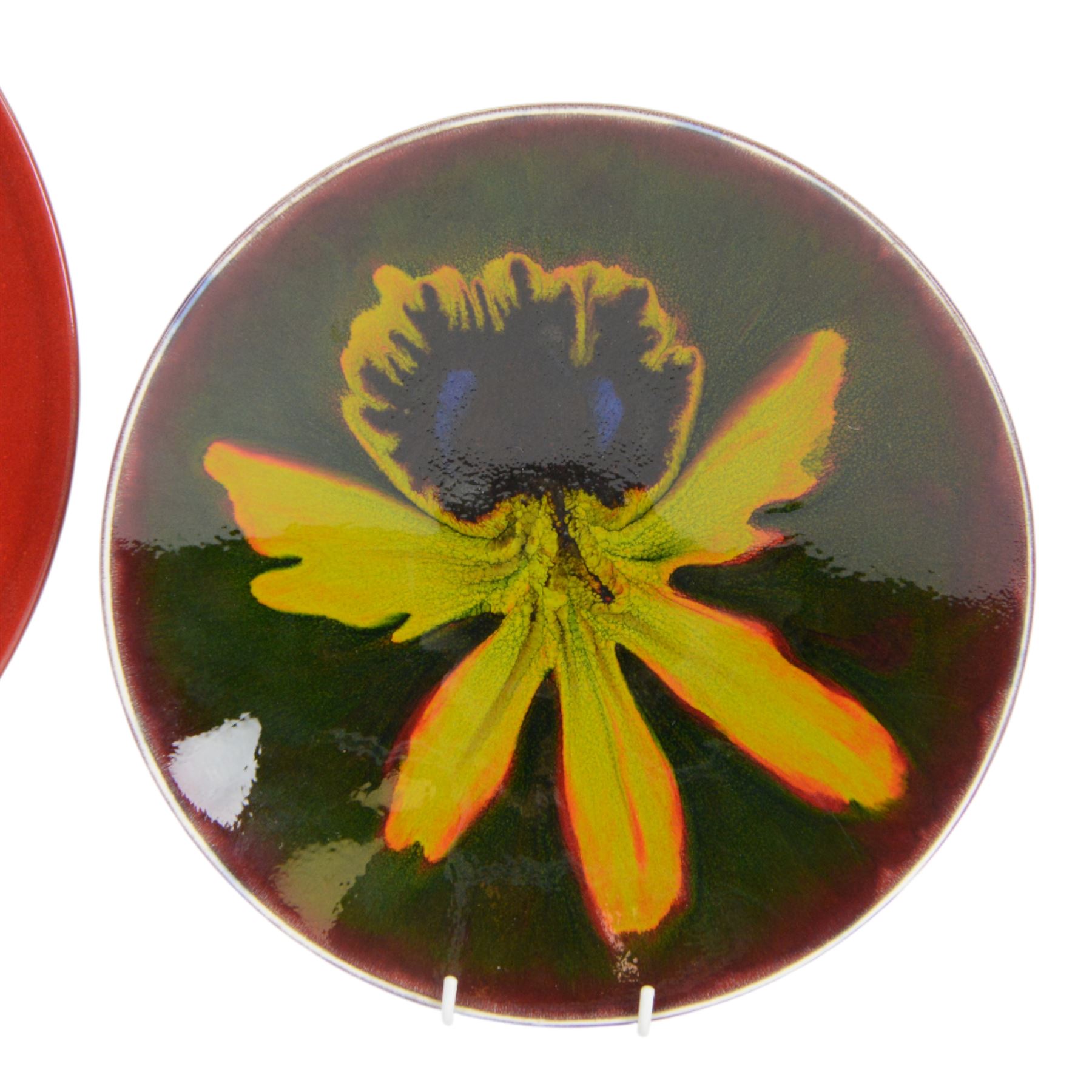 Poole Studio Collection Eclipse charger designed by Alan Clarke, with certificate, together with Poole Spider Orchid charger by Anita Harris, largest D35cm