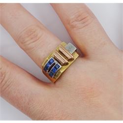 9ct white, yellow and rose gold, calibre cut sapphire abstract design ring
