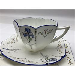 1920s Shelley Queen Anne shaped trio, decorated in the Blue Iris pattern no. 11561, ith printed mark beneath 