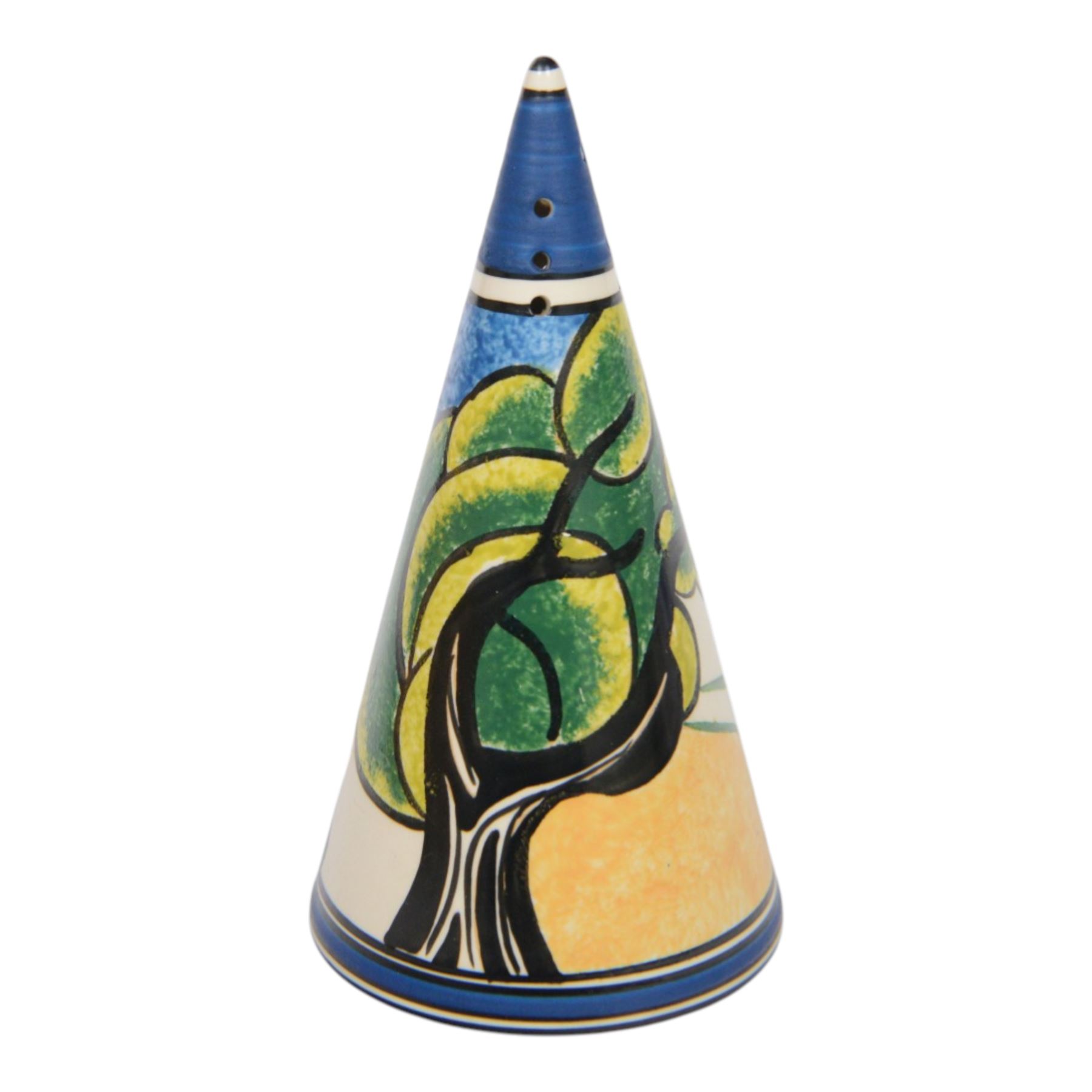 Wedgwood Bizarre by Clarice Cliff, four Conical Sugar shakers, comprising May Avenue, Trees and House, Sliced Circle and Orange Roof Cottage, all with certificates and boxes 
