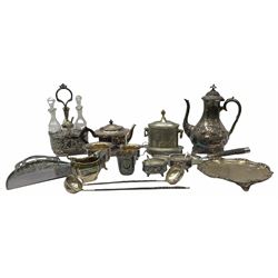 Two Georgian silver toddy ladles with baleen twist handles, (neither hallmarked), one with inset coin to bowl, together with a group of silver plate including cruet stand enclosing two glass bottles with stoppers, shaker and preserve pot with spoon, pair open salts with glass liners, etc. 