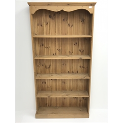  Solid pine open bookcase, projecting cornice, four shelves, plinth base, W92cm, H181cm, D22cm  