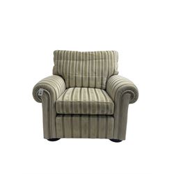 Duresta - 'Waldorf' armchair, in neutral striped fabric, on compressed bun feet