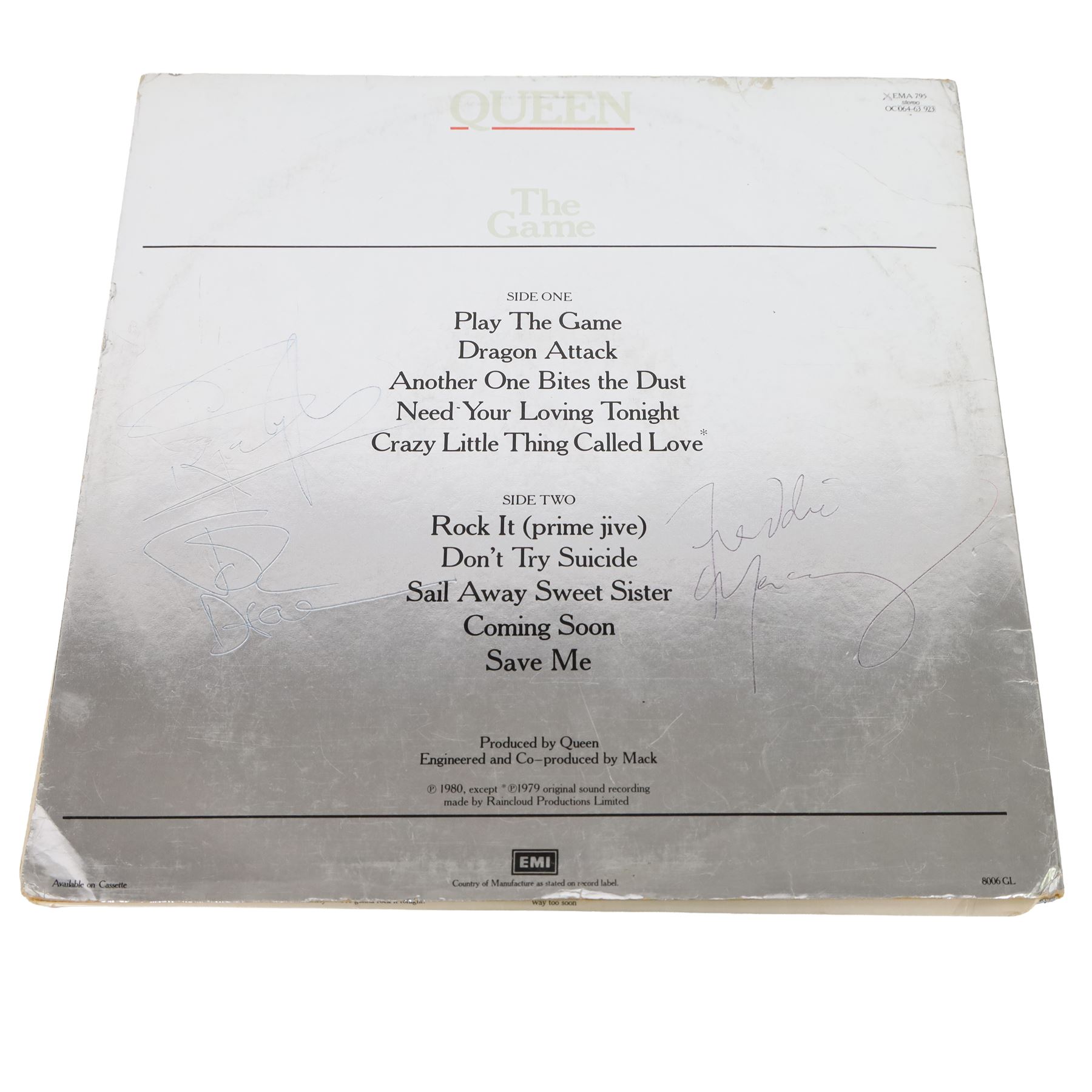 Queen 'The Game' signed vinyl record, signed to the reverse of the mirrored silver sleeve by Freddie Mercury, Roger Taylor and John Deacon, released by EMI records 1980

Provenance by vendor repute: Queen played at Elland Road in Leeds 29th May 1982; the vendor met the band the day before and had this record signed by the three members, but Brian May had not yet got off the train. The vendor called up the hotel and impersonated the band's then manager, Gerry Stickles, (by putting on an Australian accent!) to ask what time the band were arriving, then waited for them at the hotel.